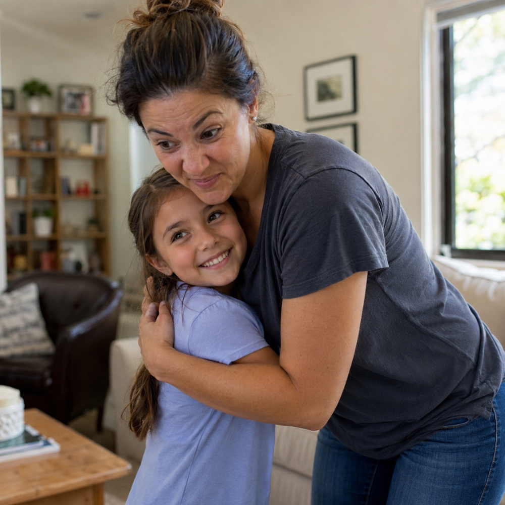Mother hugging daughter
