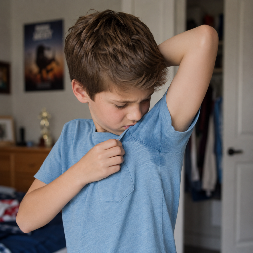 Child checking their armpits in mirror