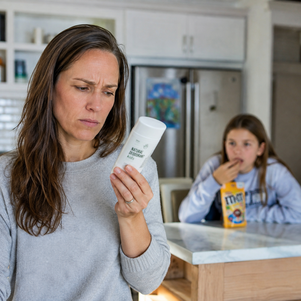 Worried mom with child in background